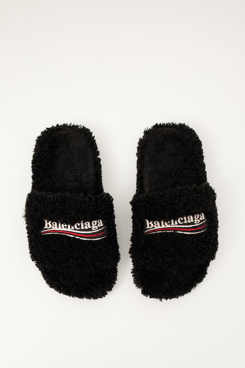 Balenciaga Black Furry Logo Slide