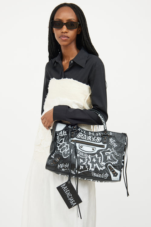 Balenciaga Black & White Leather City Gaffiti Bag