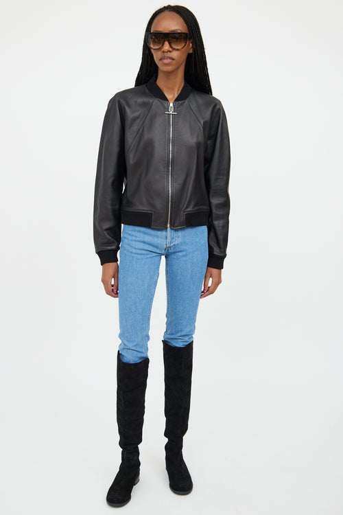 Balenciaga Black Leather Cropped Bomber Jacket