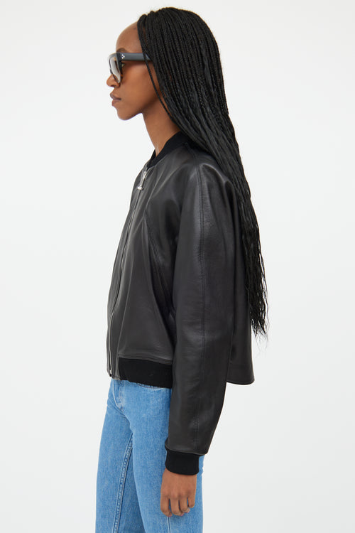 Balenciaga Black Leather Cropped Bomber Jacket