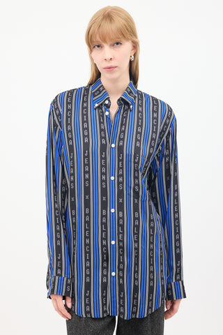 Balenciaga Blue & Black Logo Striped Shirt