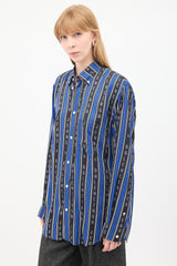 Balenciaga Blue & Black Logo Striped Shirt