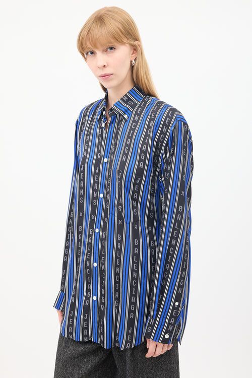 Balenciaga Blue & Black Logo Striped Shirt