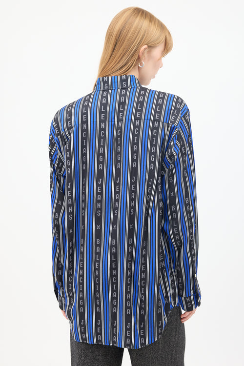 Balenciaga Blue & Black Logo Striped Shirt