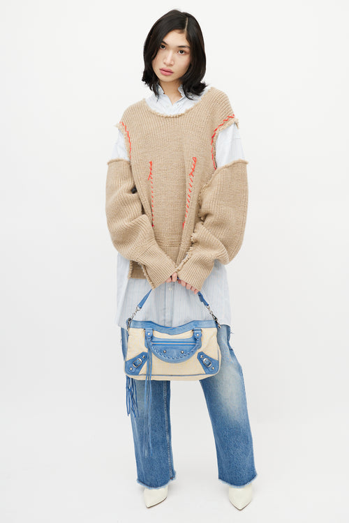 Balenciaga Blue & Beige Linen Motocross First Shoulder Bag