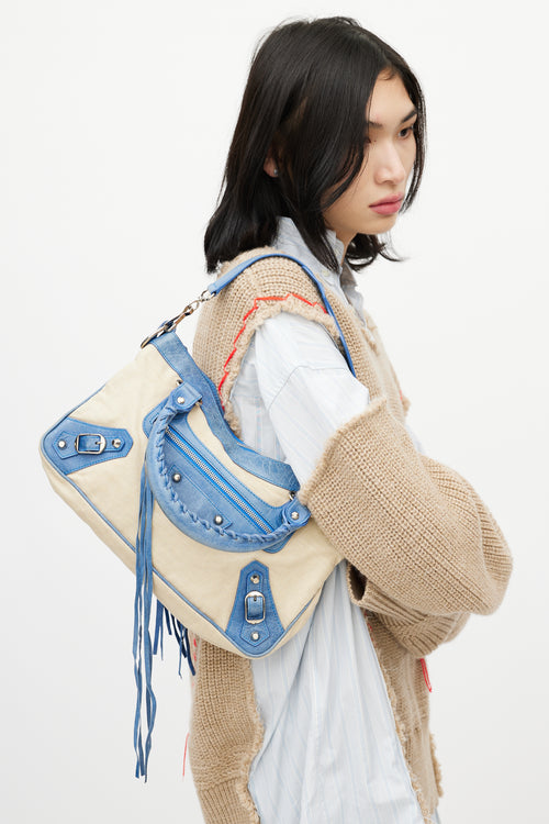 Balenciaga Blue & Beige Linen Motocross First Shoulder Bag