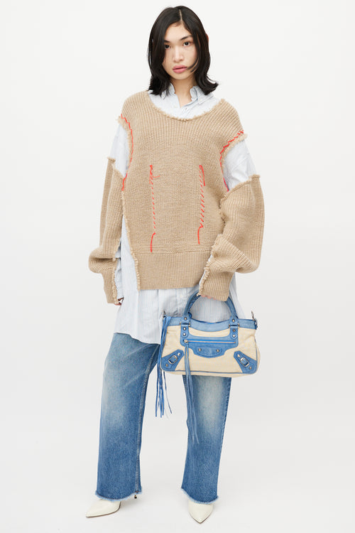 Balenciaga Blue & Beige Linen Motocross First Shoulder Bag