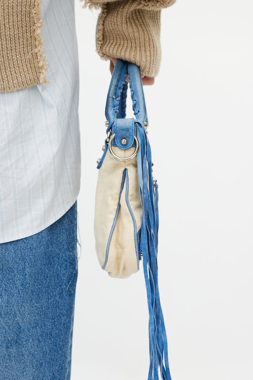 Balenciaga Blue & Beige Linen Motocross First Shoulder Bag