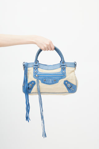 Balenciaga Blue & Beige Linen Motocross First Shoulder Bag