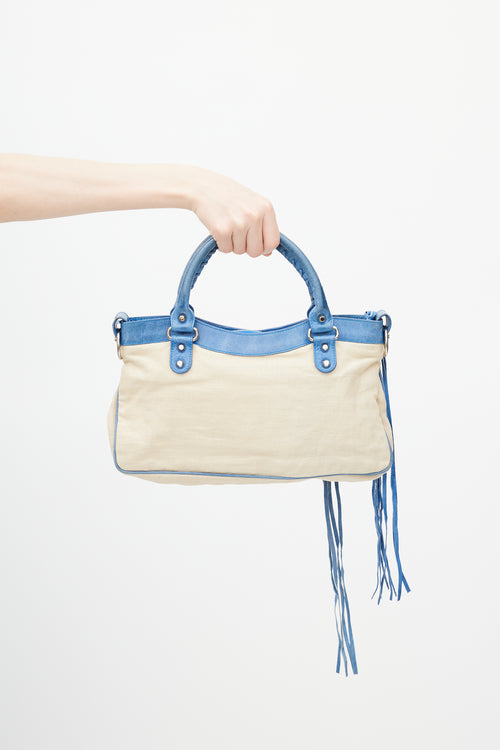 Balenciaga Blue & Beige Linen Motocross First Shoulder Bag