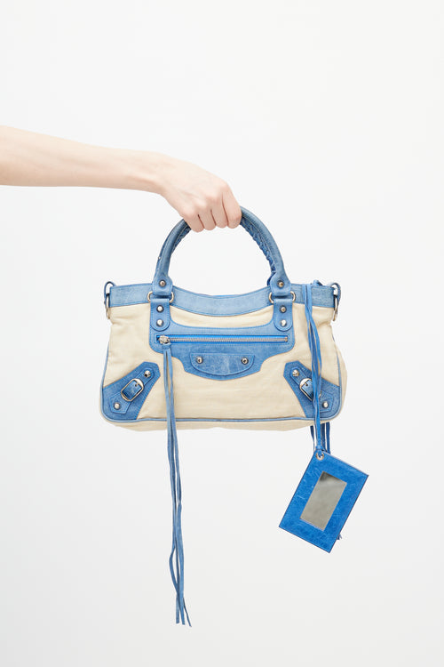 Balenciaga Blue & Beige Linen Motocross First Shoulder Bag