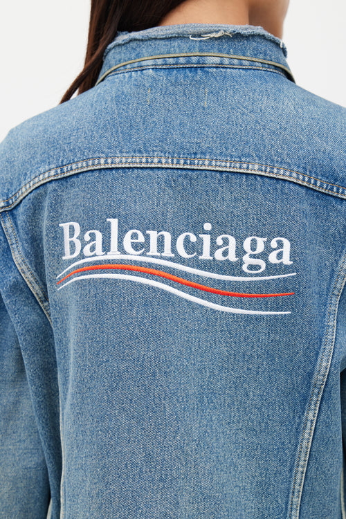 Balenciaga Blue & Multicolour Distressed Logo Denim Jacket