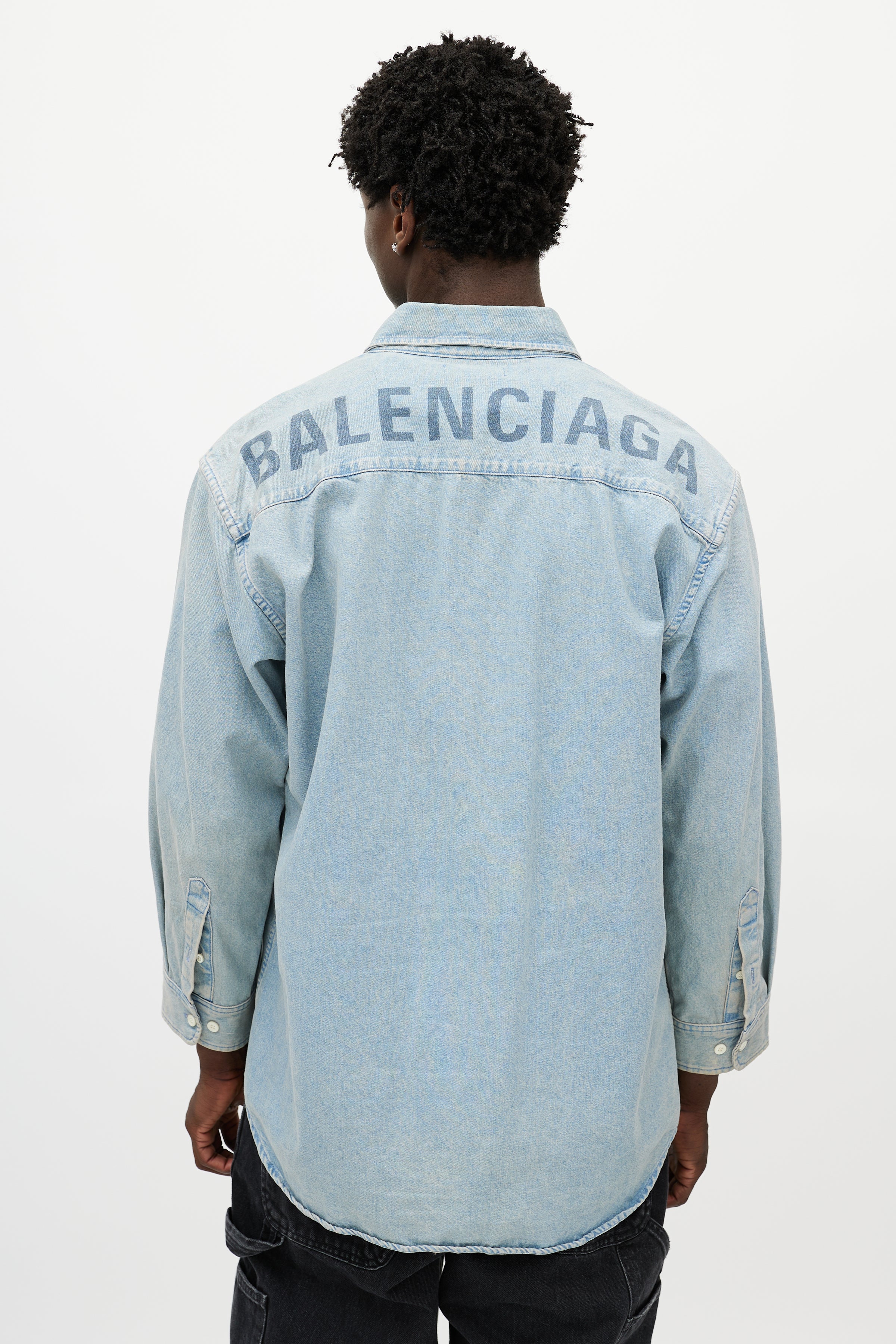 Balenciaga // Blue Washed Denim Logo Shirt VSP Consignment Balenciaga // Blue Washed Denim Logo Shirt VSP Consignment