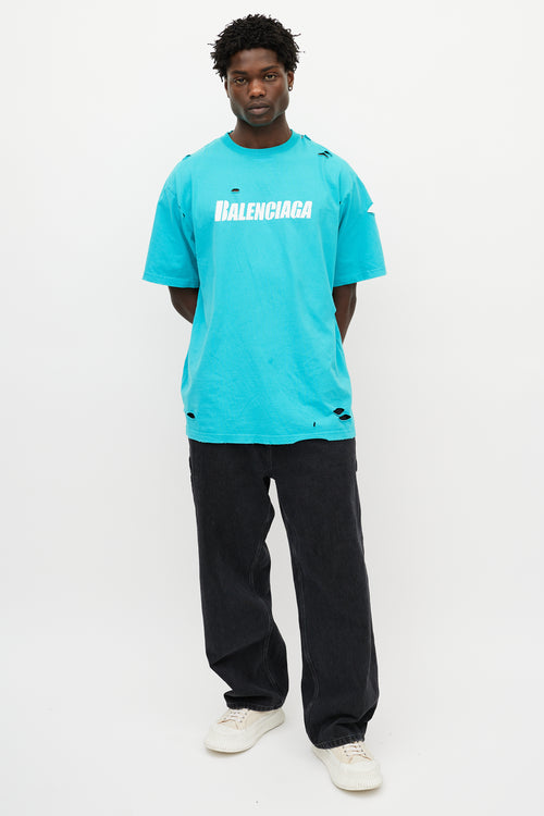 Balenciaga Blue & White Distressed Oversized Logo T-Shirt