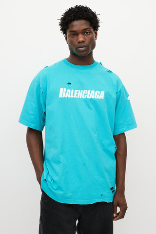 Balenciaga Blue & White Distressed Oversized Logo T-Shirt