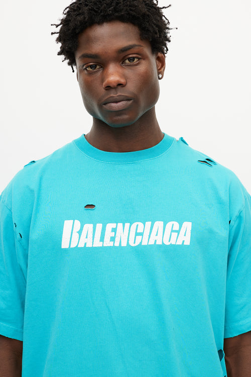 Balenciaga Blue & White Distressed Oversized Logo T-Shirt