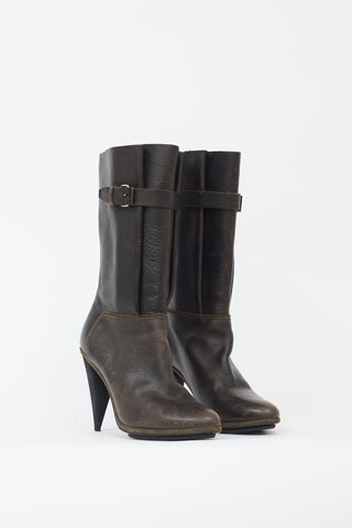 Balenciaga Brown Leather Pleated Buckled Boot