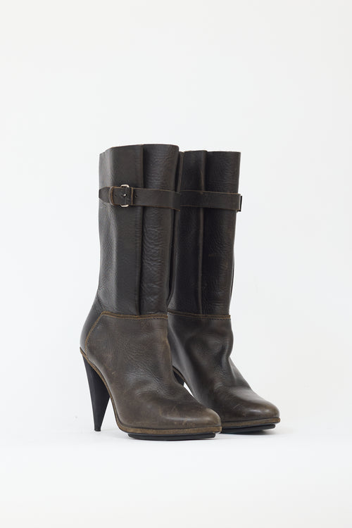 Balenciaga Brown Leather Pleated Buckled Boot