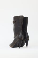 Balenciaga Brown Leather Pleated Buckled Boot