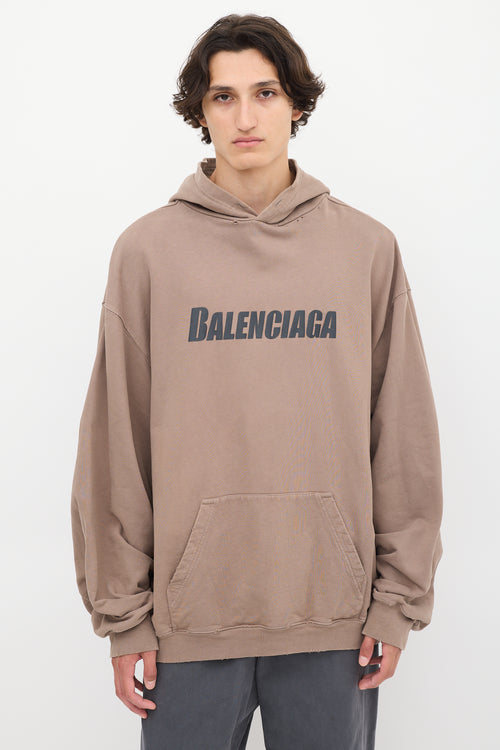 Balenciaga Brown Logo Distressed Pullover Hoodie