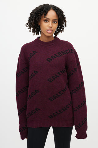 Balenciaga Burgundy Wool Black Allover Logo Sweater