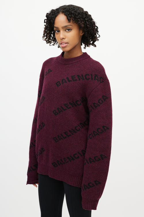 Balenciaga Burgundy Wool Black Allover Logo Sweater