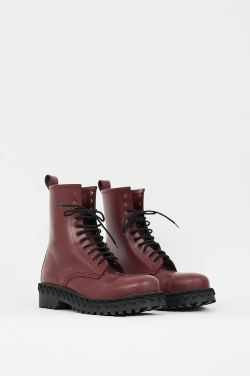 Balenciaga Burgundy Leather Woven Combat Boot