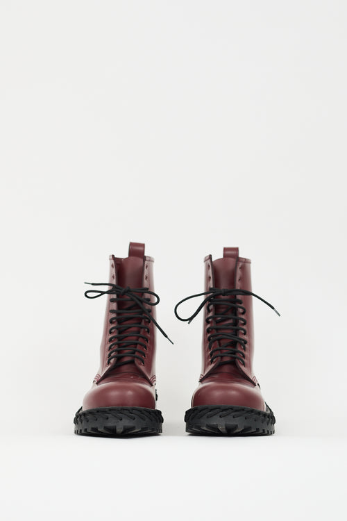 Balenciaga Burgundy Leather Woven Combat Boot