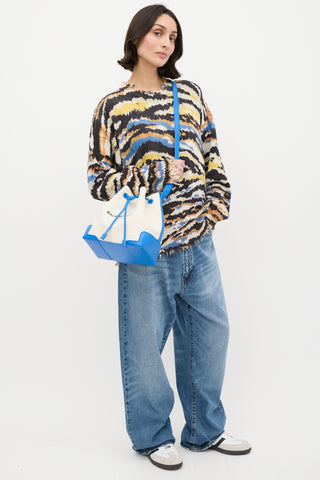 Balenciaga Cream & Blue Leather Trimmed Canvas Bucket Bag