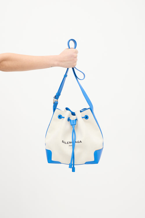 Balenciaga Cream & Blue Leather Trimmed Canvas Bucket Bag