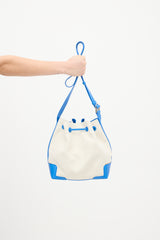 Balenciaga Cream & Blue Leather Trimmed Canvas Bucket Bag