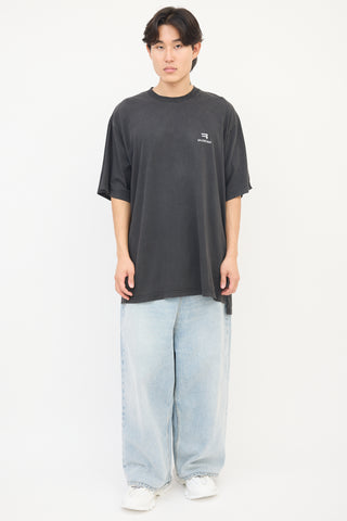 Balenciaga Dark Grey Embroidered Chest Logo Oversized T-Shirt