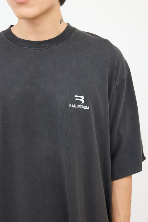 Balenciaga Dark Grey Embroidered Chest Logo Oversized T-Shirt