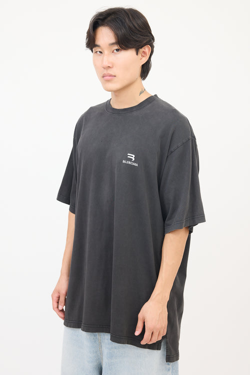 Balenciaga Dark Grey Embroidered Chest Logo Oversized T-Shirt