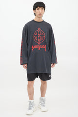 Balenciaga Dark Grey & Red BB Metal Logo Long Sleeve T-Shirt