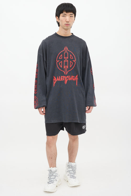 Balenciaga Dark Grey & Red BB Metal Logo Long Sleeve T-Shirt