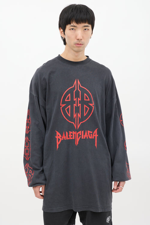 Balenciaga Dark Grey & Red BB Metal Logo Long Sleeve T-Shirt