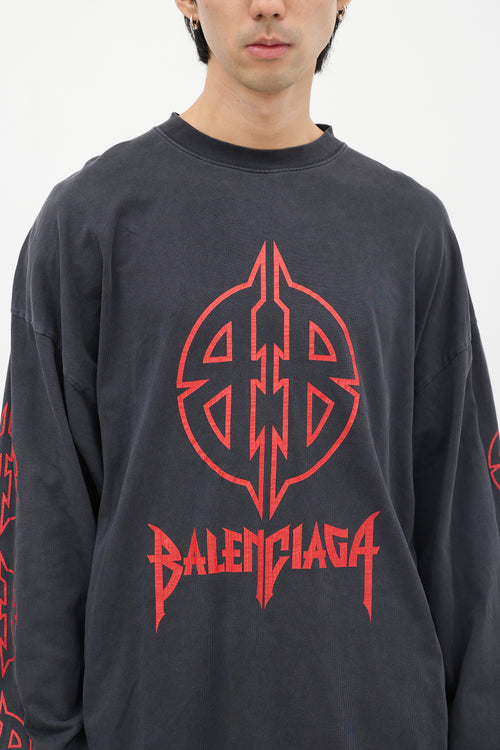 Balenciaga Dark Grey & Red BB Metal Logo Long Sleeve T-Shirt