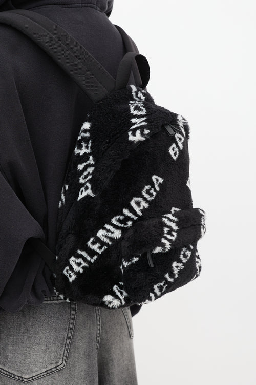 Balenciaga Black & White Faux Fur Diagonal Everyday Backpack