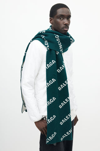 Balenciaga Green & Cream Knit Logo Scarf