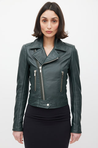 Balenciaga Green Leather Zipped Moto Jacket