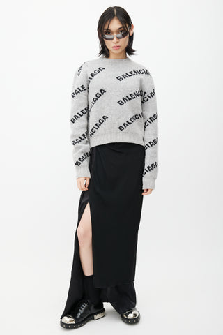 Balenciaga Grey & Black Knit Logo Cropped Sweater