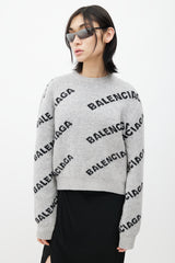 Balenciaga Grey & Black Knit Logo Cropped Sweater