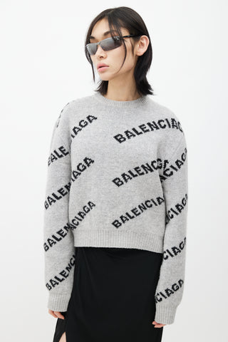 Balenciaga Grey & Black Knit Logo Cropped Sweater