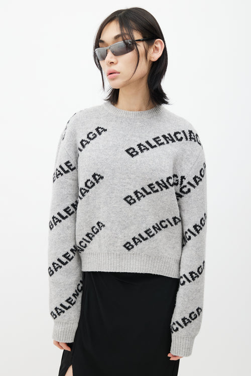 Balenciaga Grey & Black Knit Logo Cropped Sweater