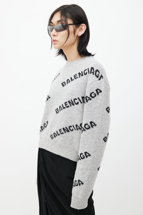 Balenciaga Grey & Black Knit Logo Cropped Sweater