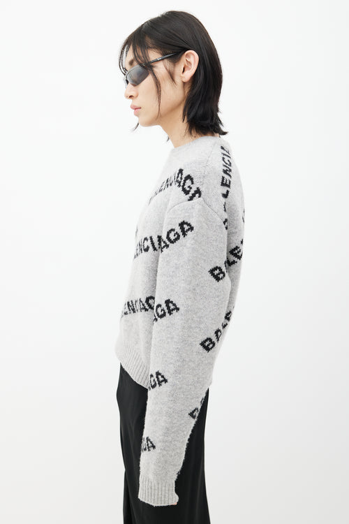 Balenciaga Grey & Black Knit Logo Cropped Sweater