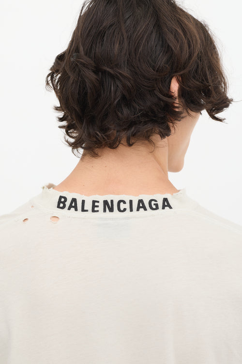 Balenciaga Grey Logo Neck Distressed Long Sleeve T-Shirt