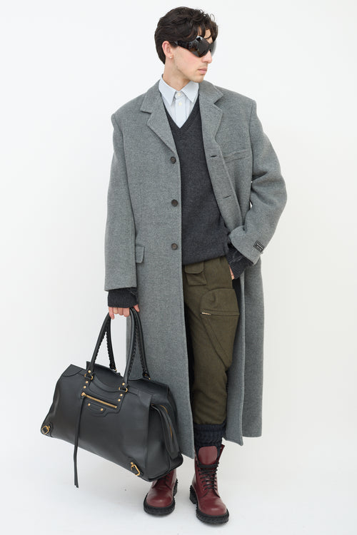 Balenciaga Grey Wool Three Pocket Long Coat