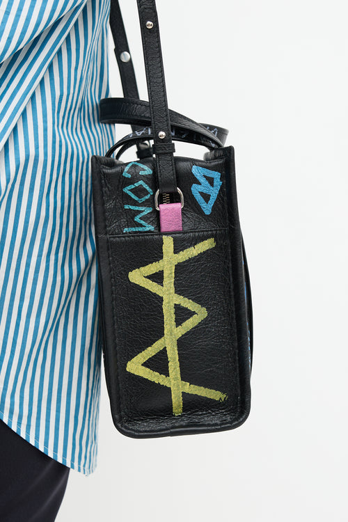 Balenciaga Leather Bazar Graffiti Shopping Tote Bag